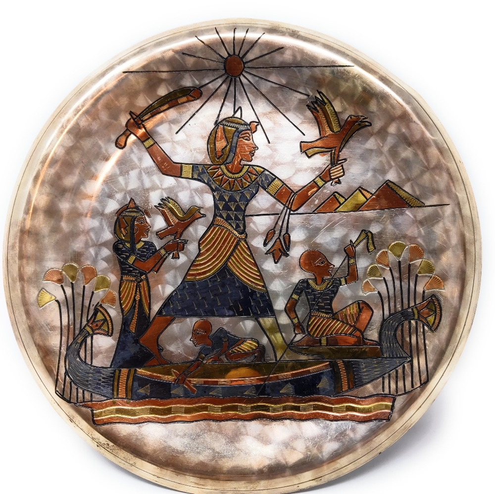 Vintage metal plate with Egyptian Motif etching
